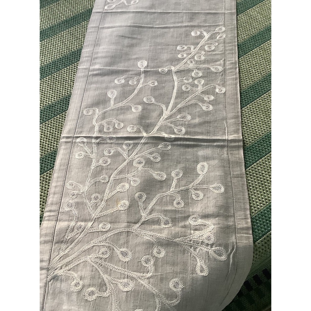 Crate & Barrel Winterberry Table Runner Gray Embroidered 14x90 Holiday
